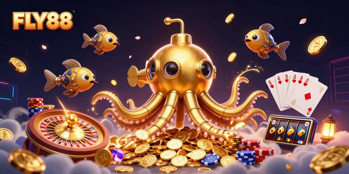 Experience the thrill of FLY88 with a 3D illustration showcasing exciting casino elements and vibrant action.