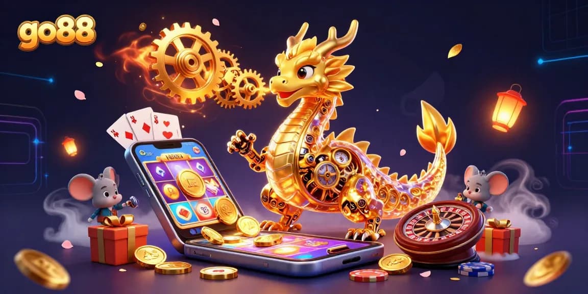 Engage with go88's gaming allure, featuring a golden dragon and a vibrant slot game scene.
