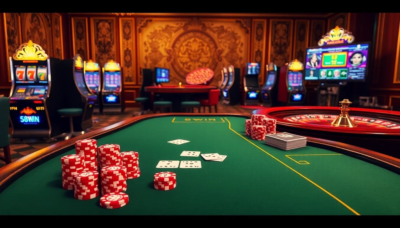 Experience thrilling gaming at https://58win.cafe/ with vibrant poker chips and luxurious casino tables.