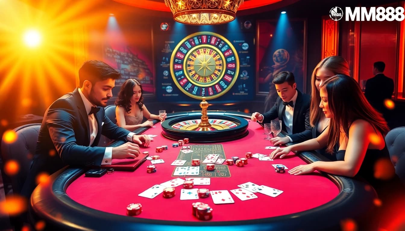 The excitement of high-stakes gambling at MM88, featuring a vibrant casino scene with colorful poker chips, cards, and a roulette wheel.