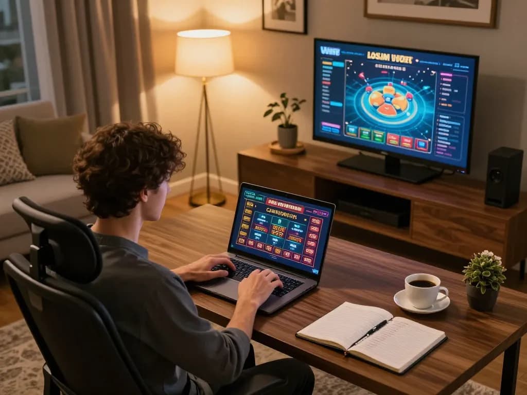 Engaging in strategic gameplay with vsbet on a laptop in a modern home office.