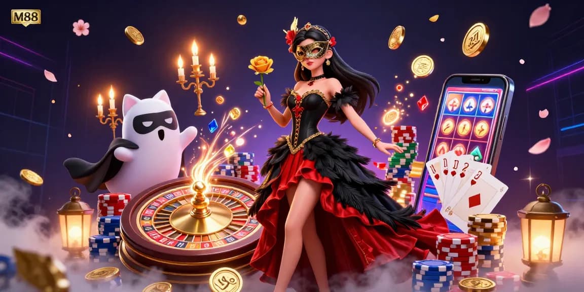 M88 casino illustration with a glamorous woman in a gown, colorful chips, and a spinning roulette wheel creating a vibrant gambling atmosphere.