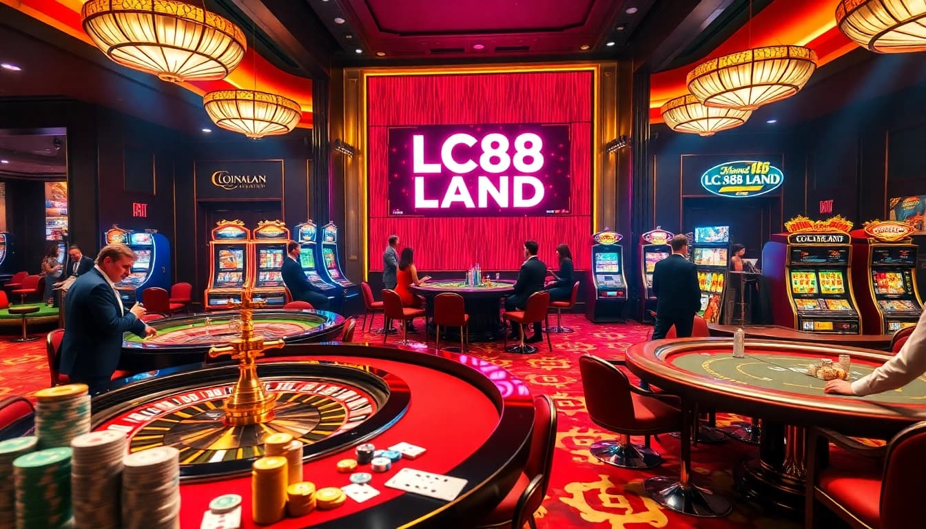 Engaged gamblers enjoying a vibrant casino experience at LC88 Land with roulette and slot machines.