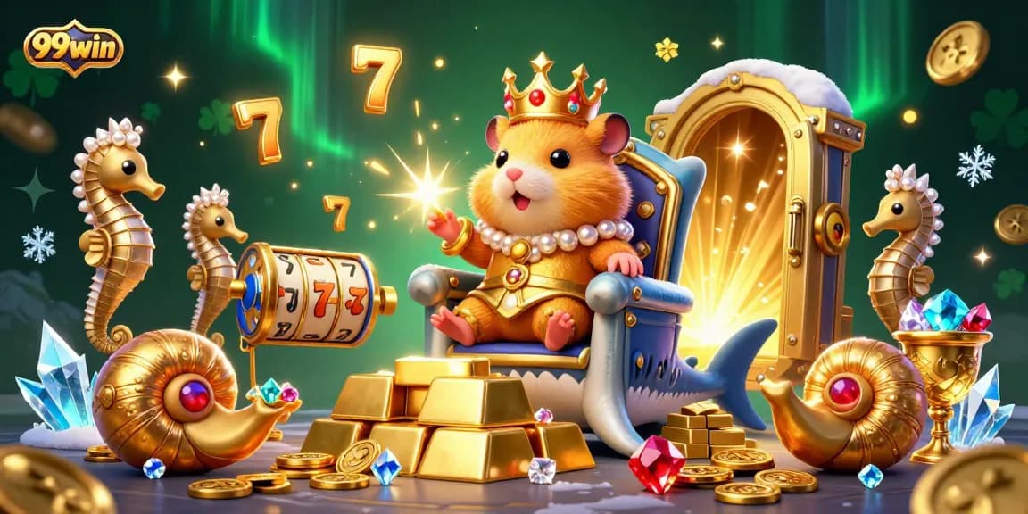 Experience the excitement of 99win with vibrant golden treasures and a heroic hamster king in a playful casino scene.