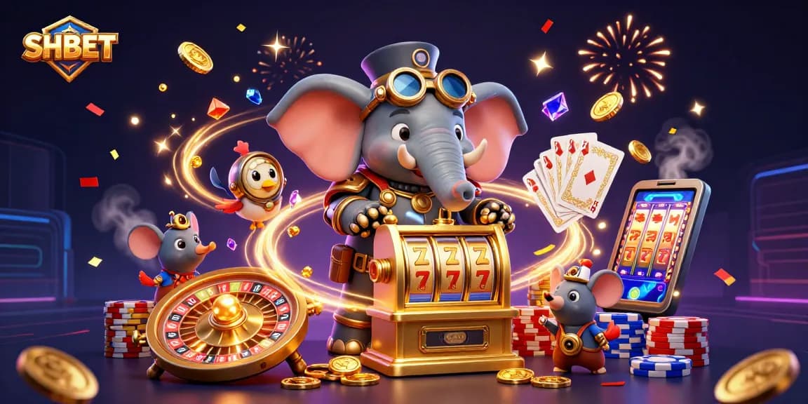 Experience thrilling SHBET gaming with a lively steampunk elephant at a bustling casino scene.