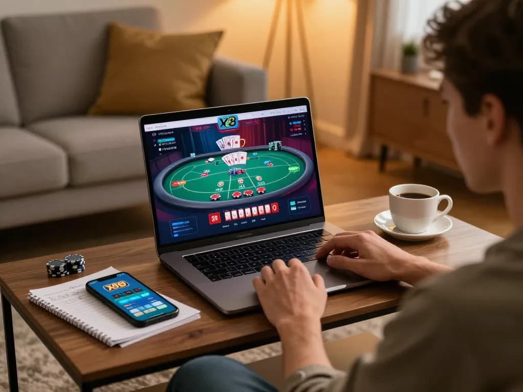 x88 player engaged in online poker at home, cozy setting with laptop and smartphone