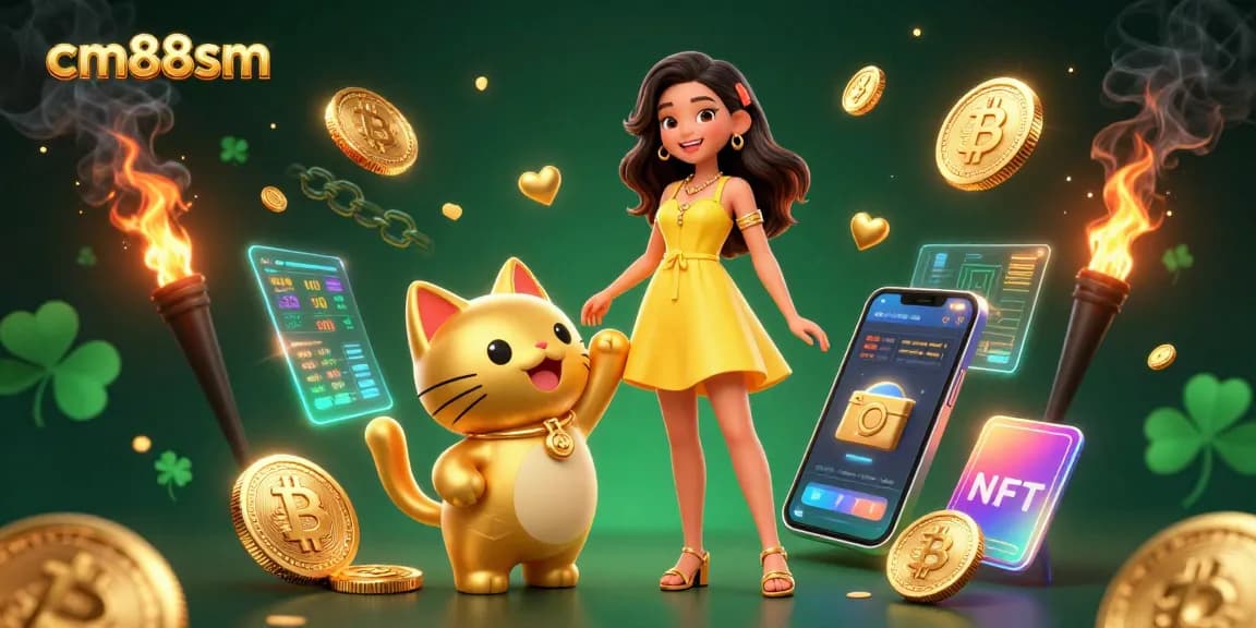 Engage in thrilling casino action with cm88sm, showcasing a joyful player and lucky cat amidst vibrant gaming elements.