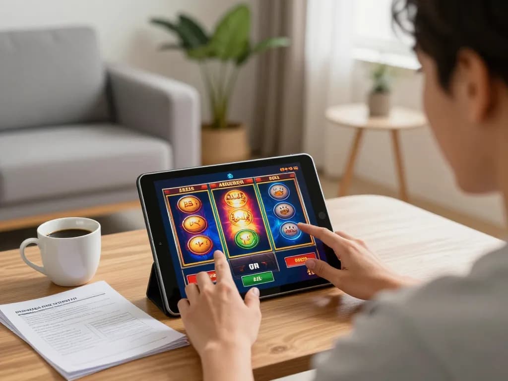 Person engaged in online slots gameplay on tablet, showcasing UU88 gaming experience in a cozy home setting.
