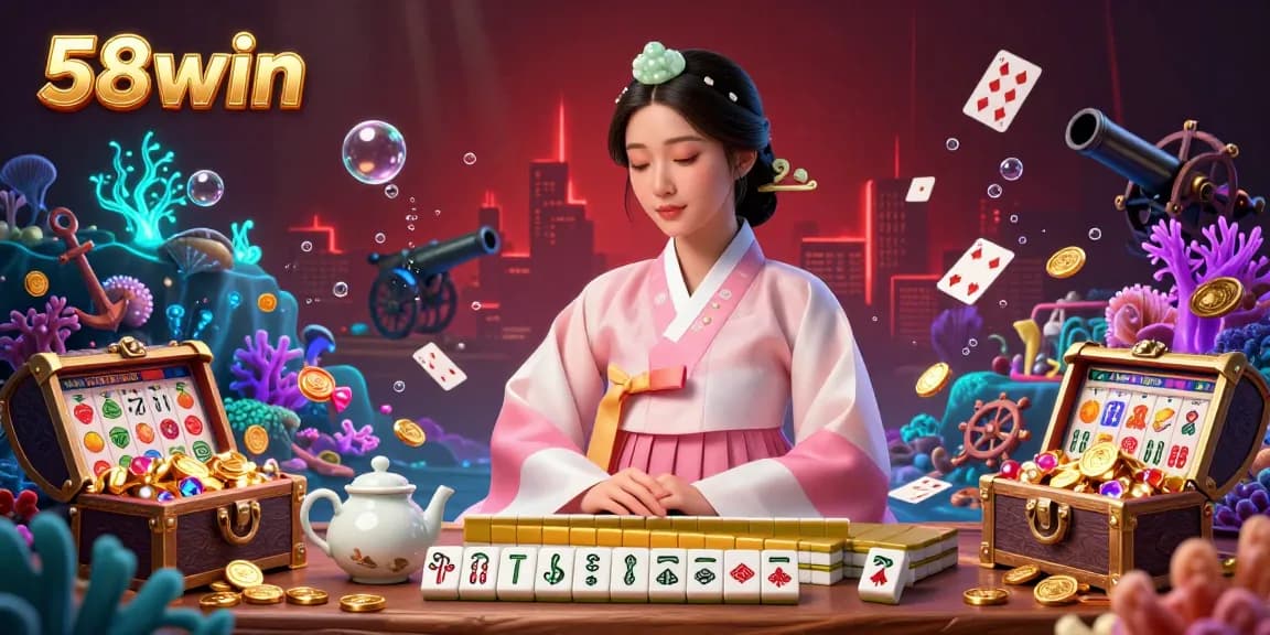 Play and win with 58win in a vibrant 3D casino scene featuring colorful games and bonuses.