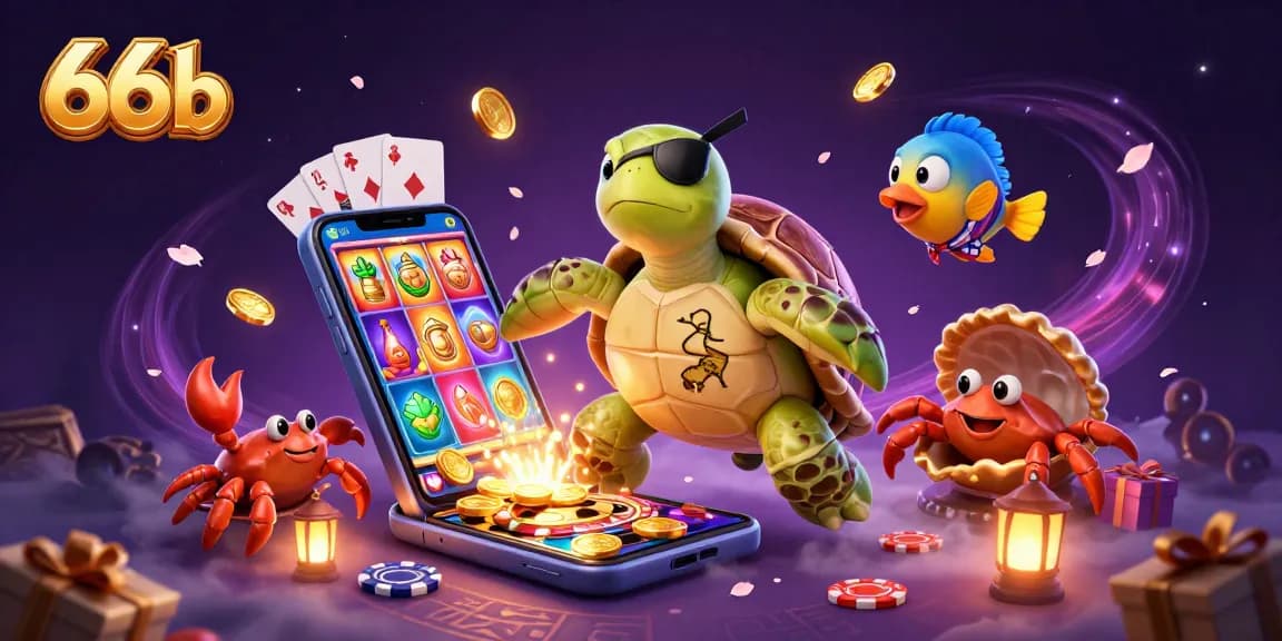 Experience the excitement of 66b with a turtle pirate and friends exploring treasure in a vivid casino scene.