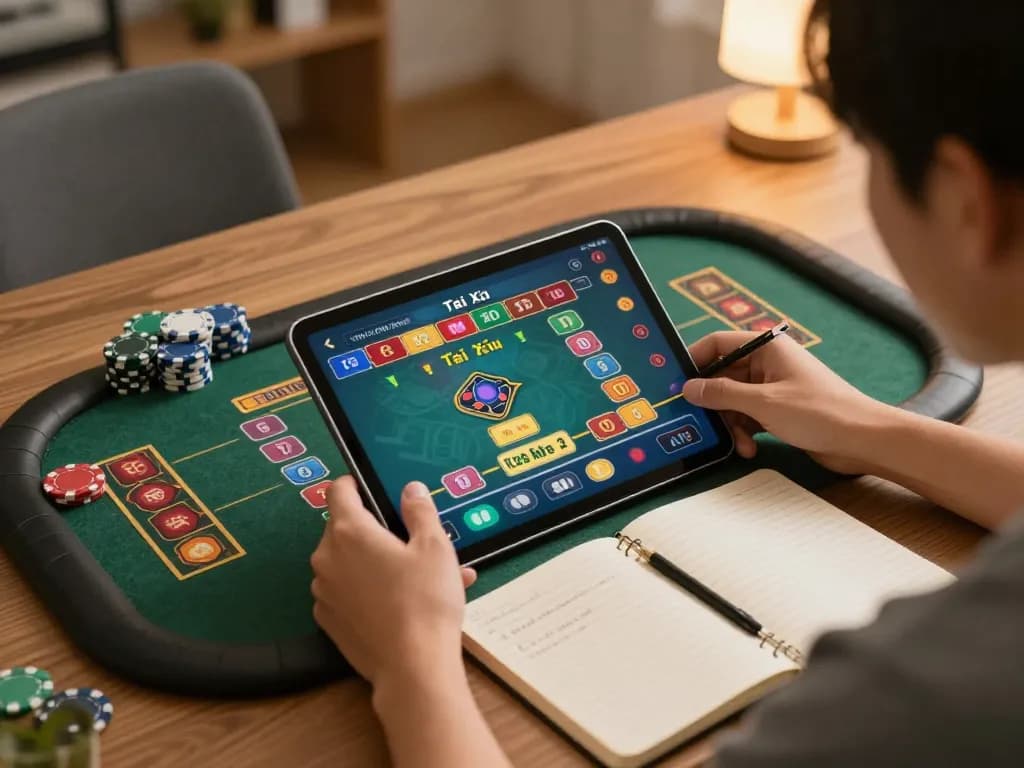Tài xỉu online game in action, player focusing on betting strategy with tablet interface visible.
