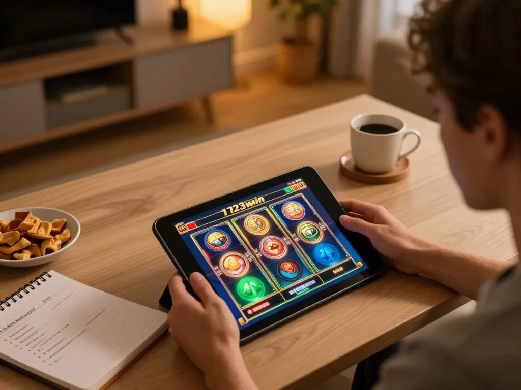 Player enjoying thrilling slot game on tablet at home, highlighting 123win gaming excitement.