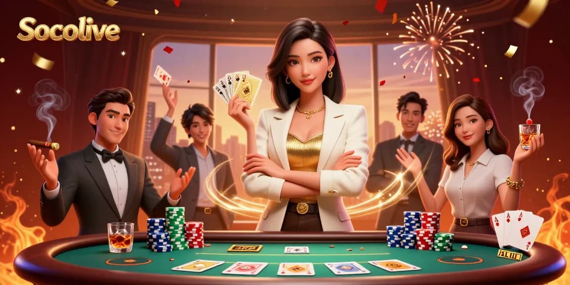 Socolive showcases an elegant Asian woman in a glamorous business setting playing cards, symbolizing high-stakes gambling.