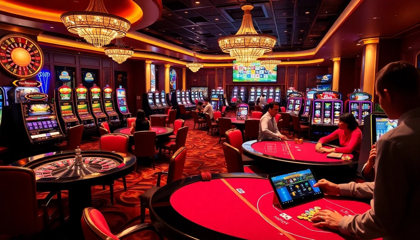 Players enjoying vibrant casino games at say88, with stacks of chips and colorful slots.