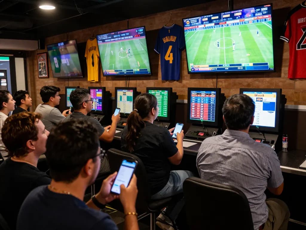 Excited bettors enjoying the live 9BET sports betting experience in a lively lounge