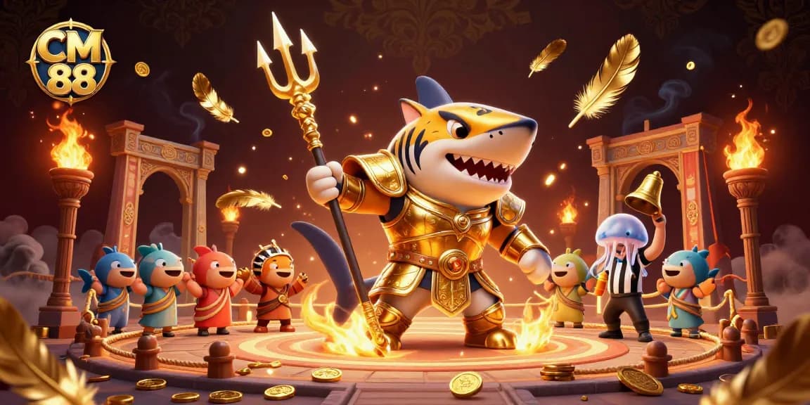 Engage with CM 88's lively underwater colosseum, featuring a shark in armor and cheering sea life.