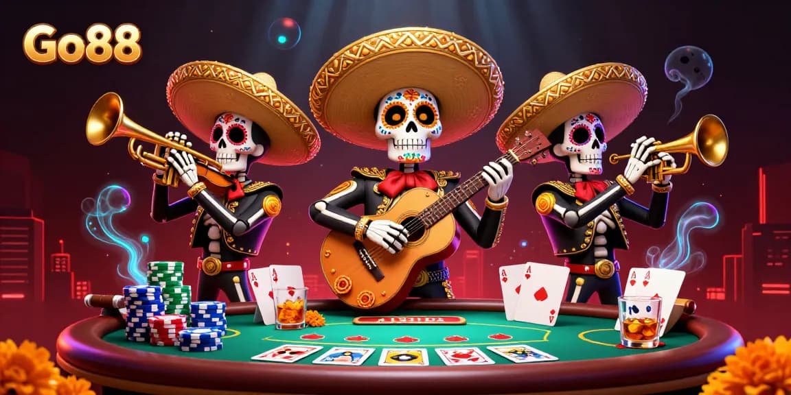 Go88 showcases a vibrant mariachi-themed poker scene, emphasizing thrilling gaming adventures.