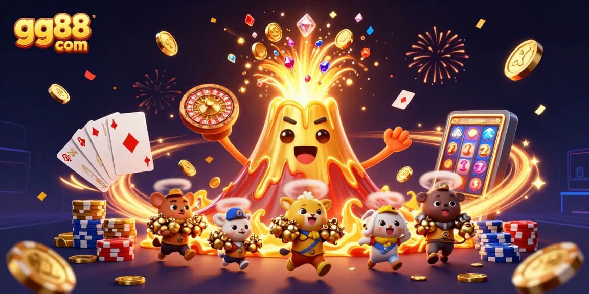 Experience the thrill of gg88 com with a 3D cartoon volcano erupting treasures amidst casino excitement.