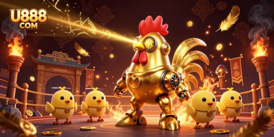 Engage with the dynamic U888 COM casino scene featuring a golden rooster robot and baby chick drones.