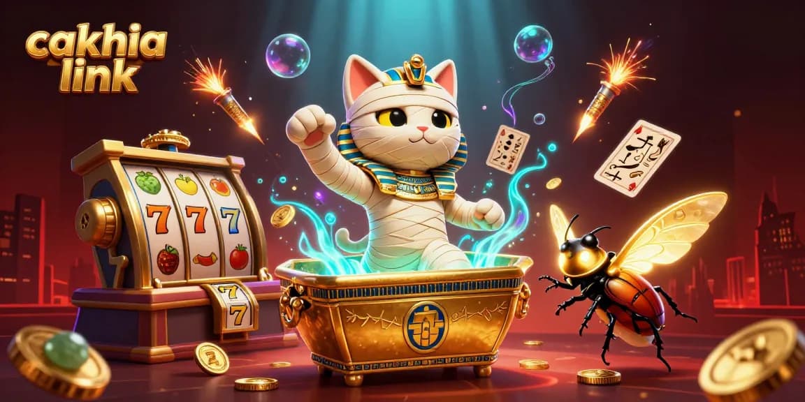Experience the excitement of gambling with cakhia link in a vibrant casino scene featuring a mummy cat and stacked slots.