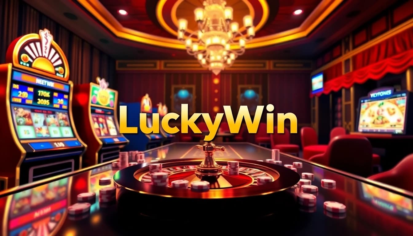 Engaging scene of a casino showing LuckyWin's vibrant online gambling experience with slot machines and roulette.