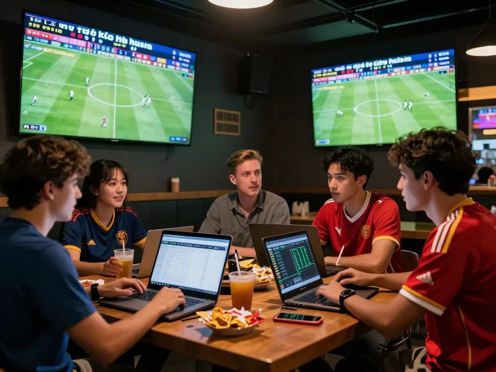 Friends discussing tỷ lệ kèo nhà cái while enjoying a football match at a lively sports bar.
