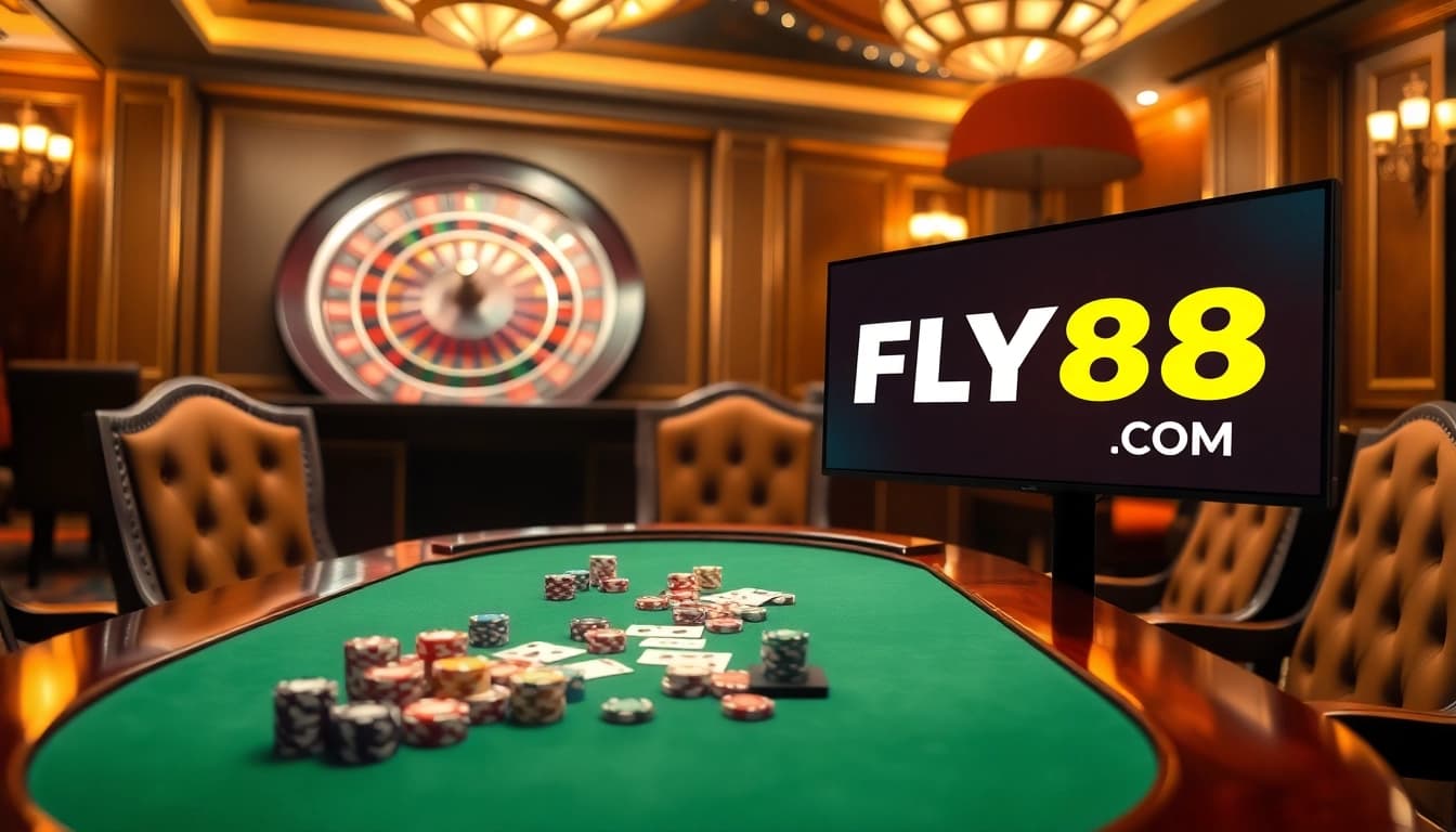 FLY88.COM showcases a luxurious casino scene with poker chips and a roulette wheel.