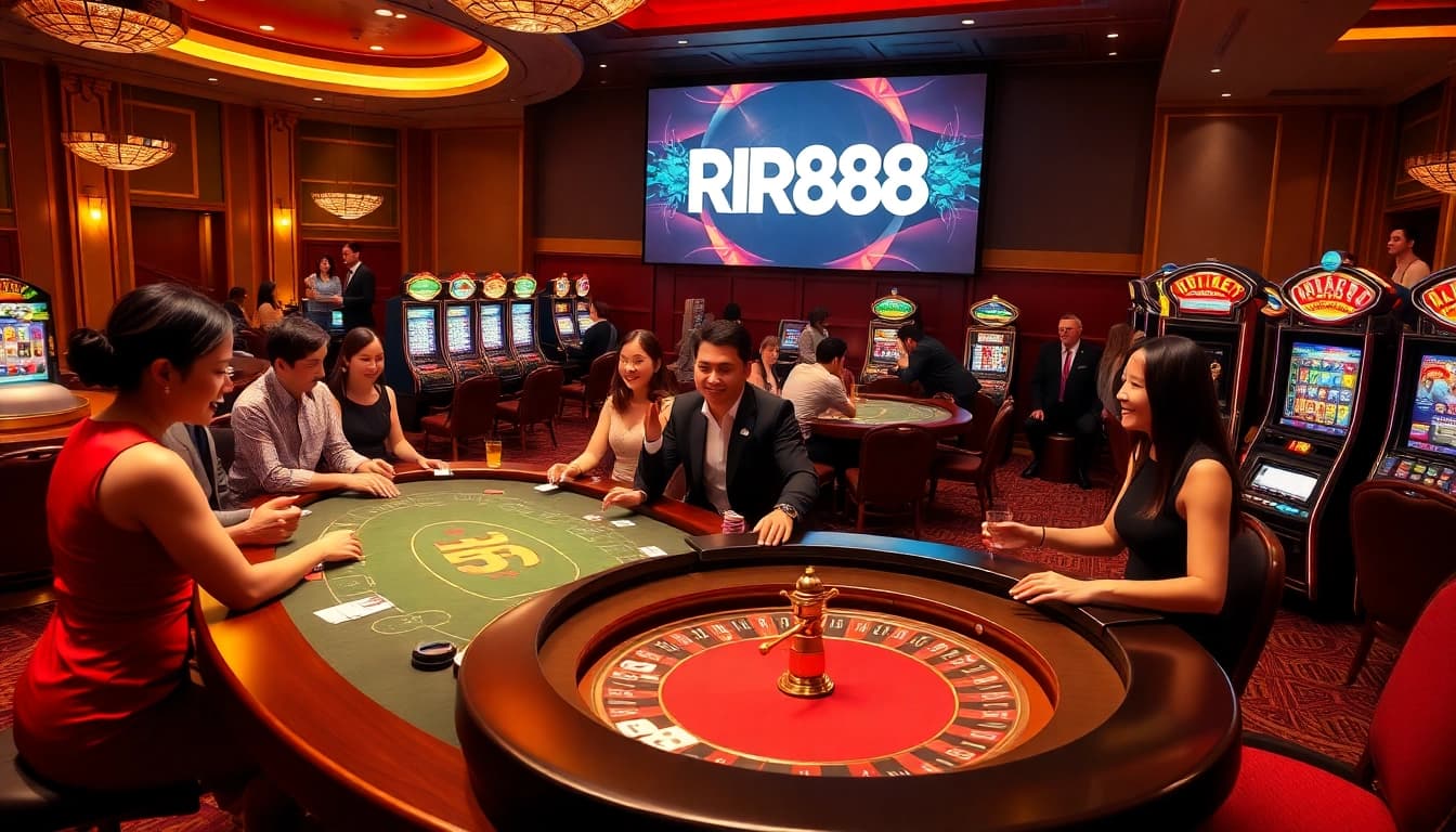 Exciting RR88 casino scene with players at blackjack tables and vivid slot machines.