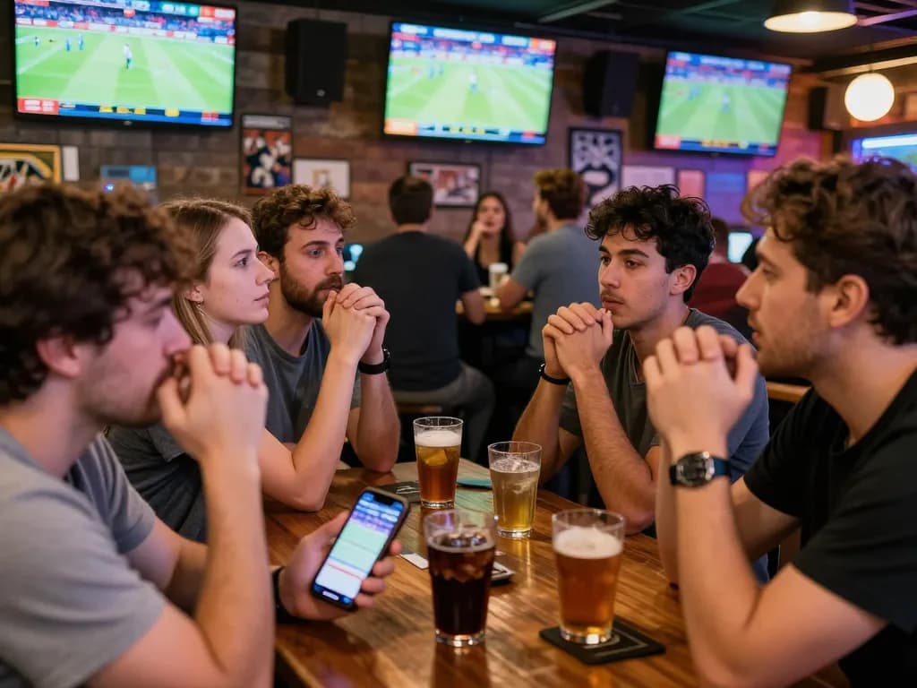 Patrons engaging in sports betting at a lively bar while using MM88 on smartphones