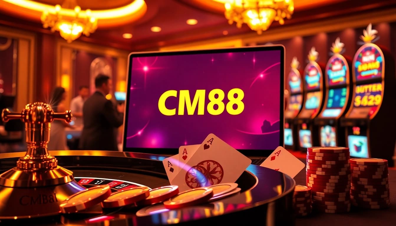 Experience the thrill of gambling with link CM88 at a luxurious casino interface featuring vibrant slot machines and roulette wheels.