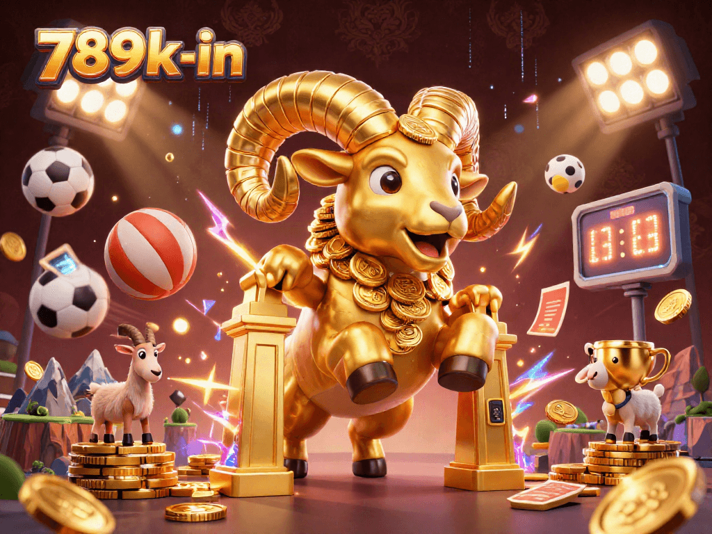 Engage with exhilarating games at 789k-in featuring a golden ram charging through a casino atmosphere.