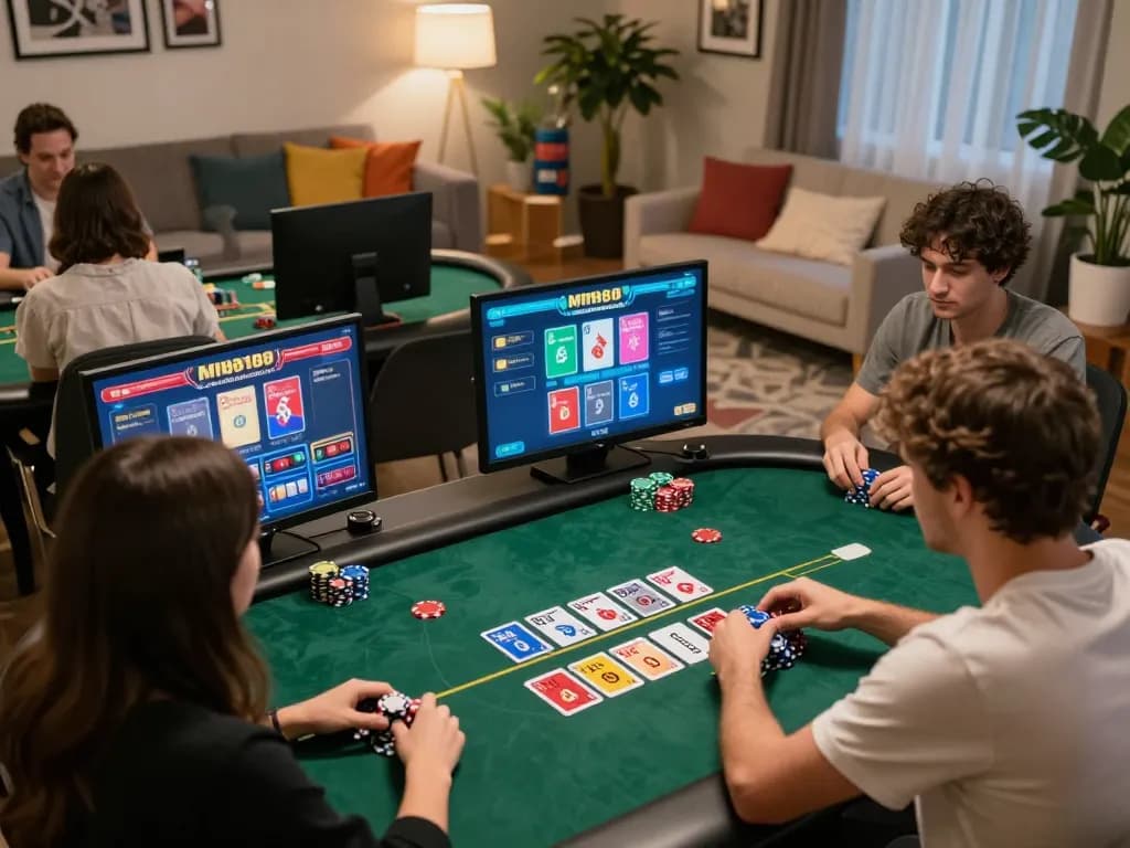 Engaging players at MM88 online casino with vibrant poker gameplay in a cozy home setting.