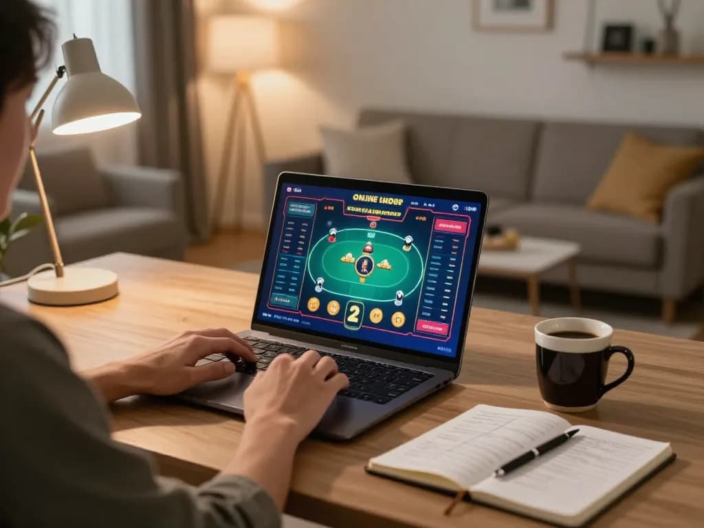 Engaged player at home using Nhà cái Wala88 for online gambling with a vibrant poker interface
