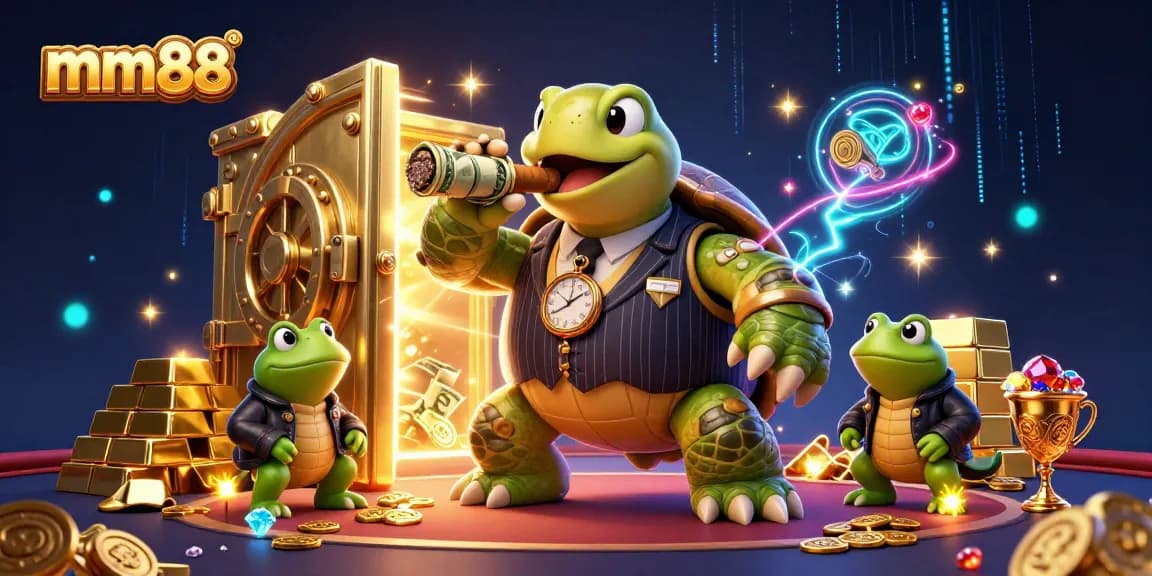 Engage with mm88's vibrant 3D casino world featuring a snapping turtle mobster and bullfrog enforcers.
