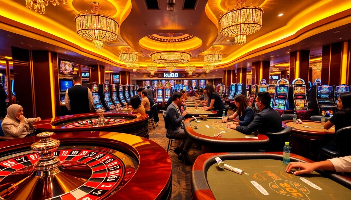 Excited gamblers strategizing at ku88's luxurious casino tables, enjoying the thrill of play.