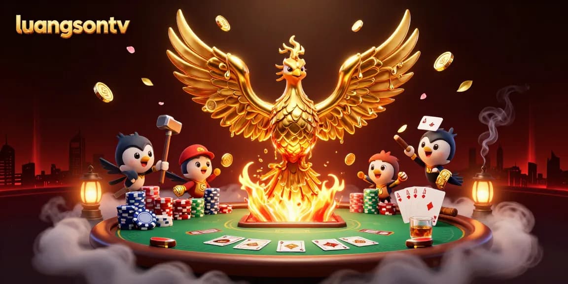 luongsontv offers a stunning visualization of a molten golden phoenix entwined with poker elements, engaging players.