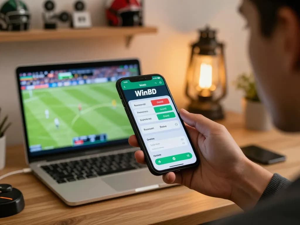 Using the WinBD Vip app for sports betting in a cozy home setup, capturing excitement and strategy.