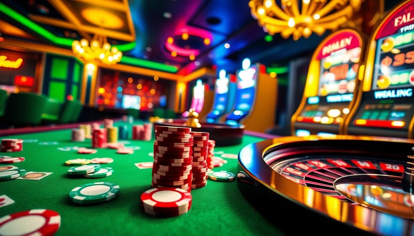 Experience the excitement of LUCKY88 with vibrant casino tables, poker chips, and glowing slot machines.