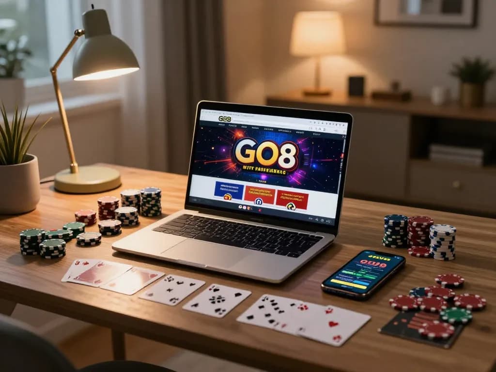 Player engaging with the GO8 platform on laptop amid a strategic poker setup.