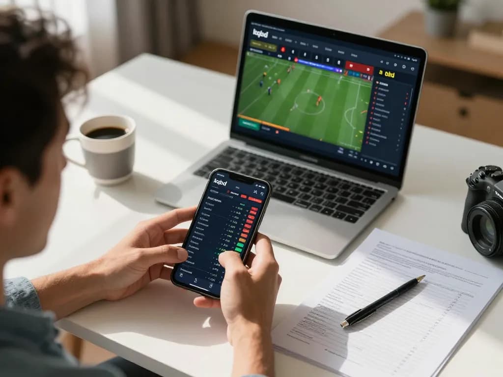 Engaging user analyzing kqbd scores on mobile device for strategic sports betting decision-making.
