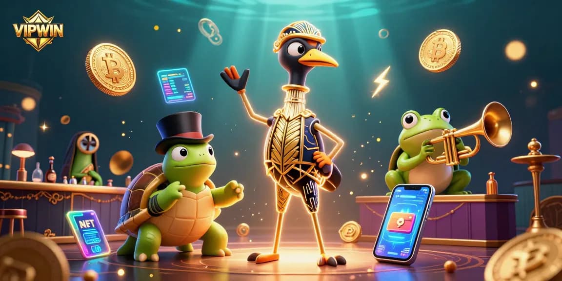Experience excitement at VIPWIN with 3D characters and dynamic gambling elements in a vibrant scene.