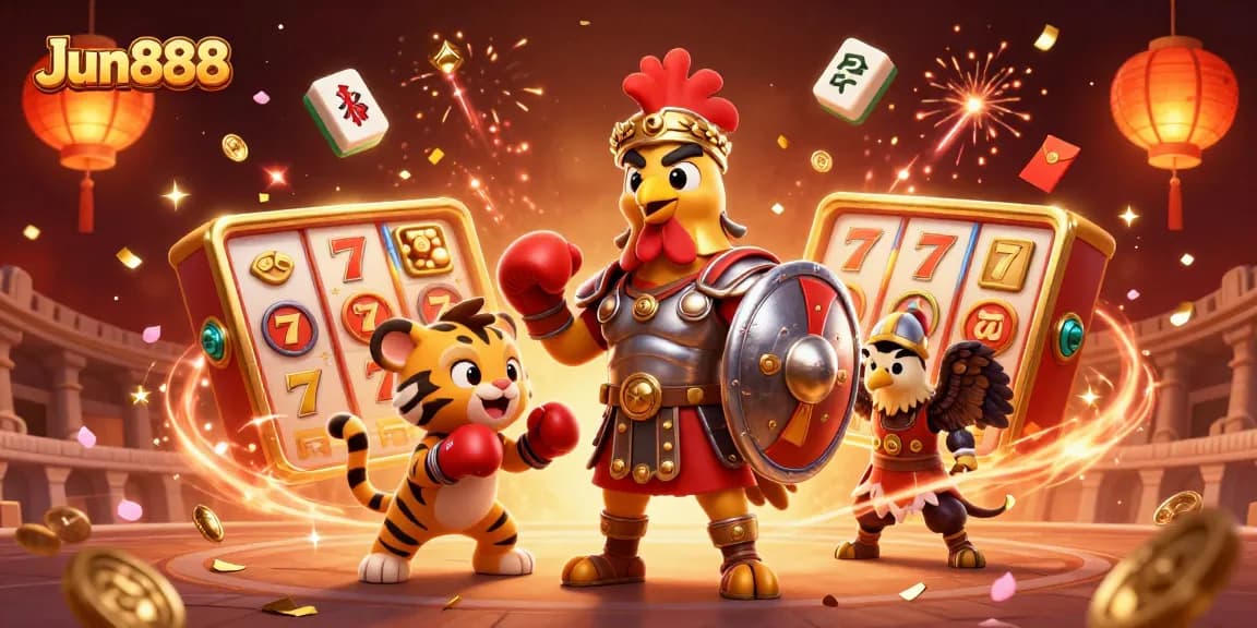 Engage in luck with Jun888 as a gladiator rooster and friends celebrate in a vibrant casino arena.