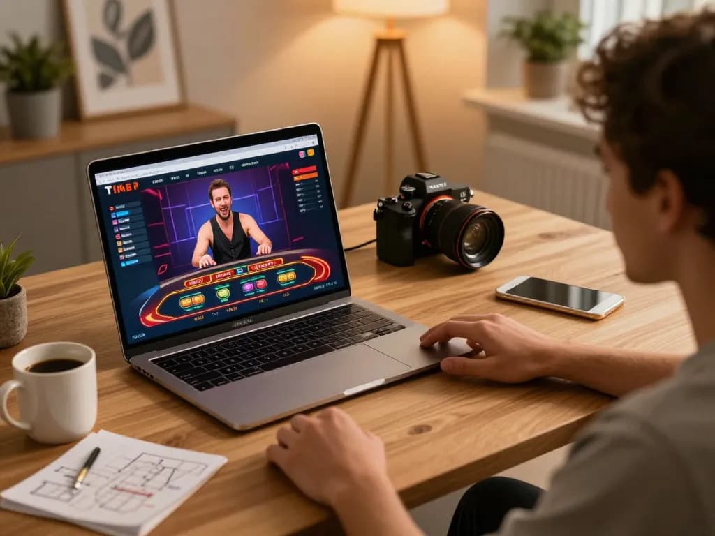 SOC88 engaging online casino gameplay with live dealer interaction in a stylish home setting.