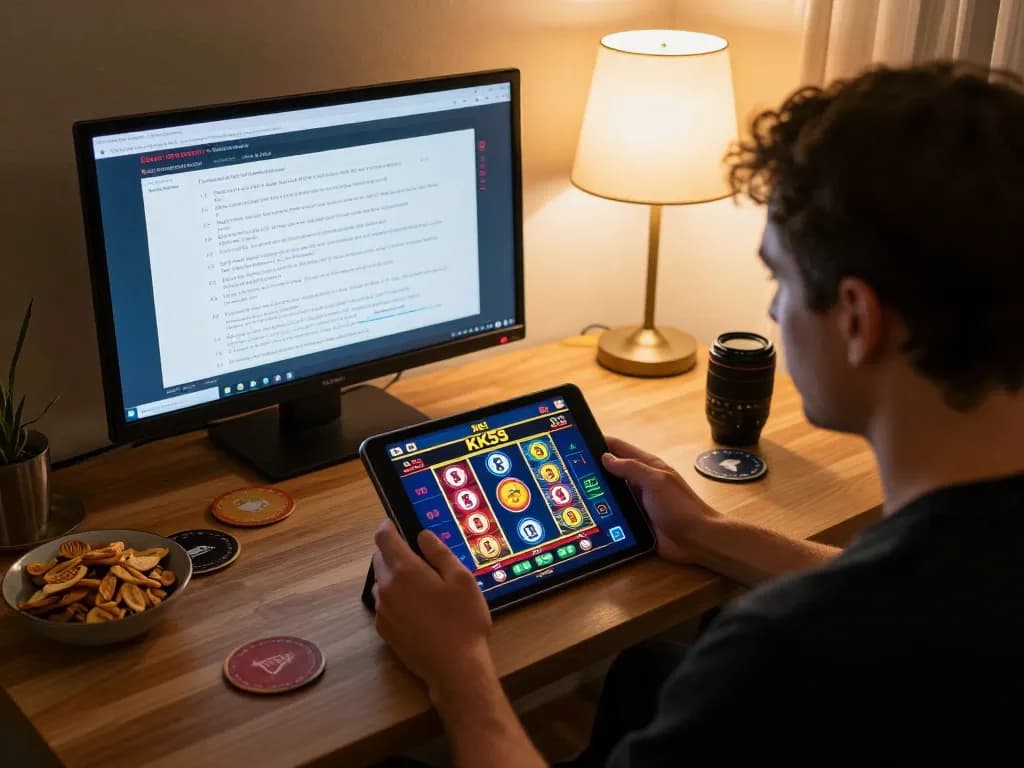 Player engaging with KK55 online casino on tablet, showcasing an inviting gaming atmosphere at home.