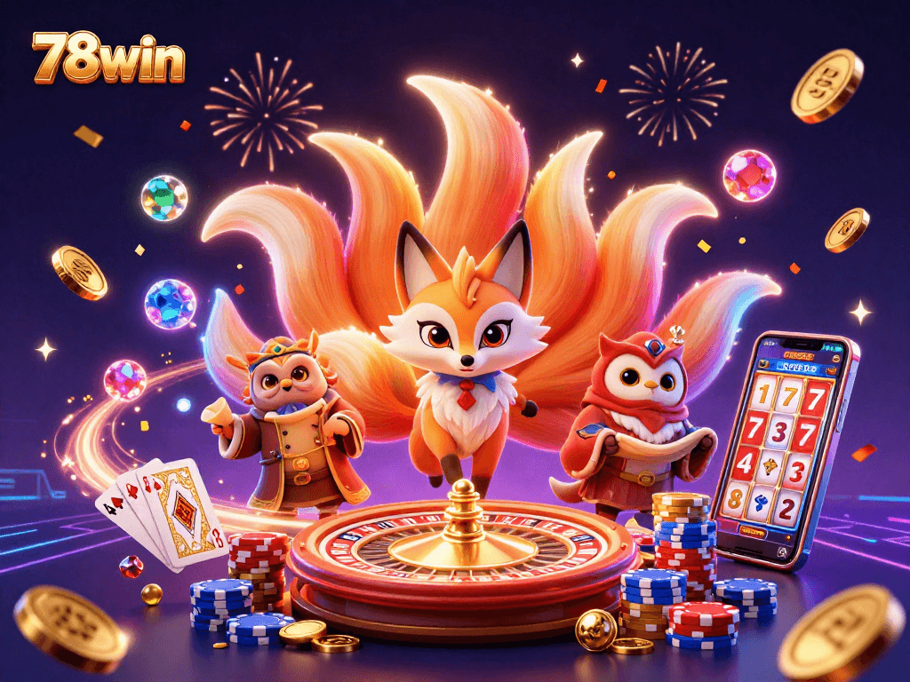 Engage in the excitement with 78win's vibrant illustration featuring a mystical nine-tailed fox and wise owl.