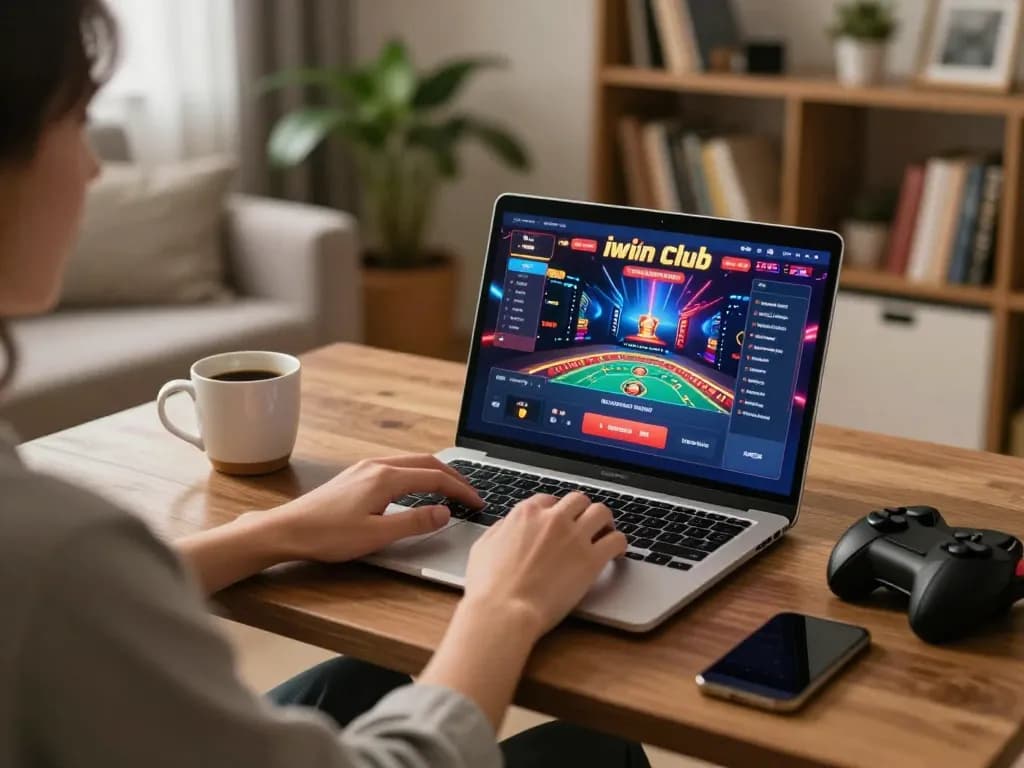 Person engaged in thrilling gameplay on iwin club while enjoying a cozy home environment