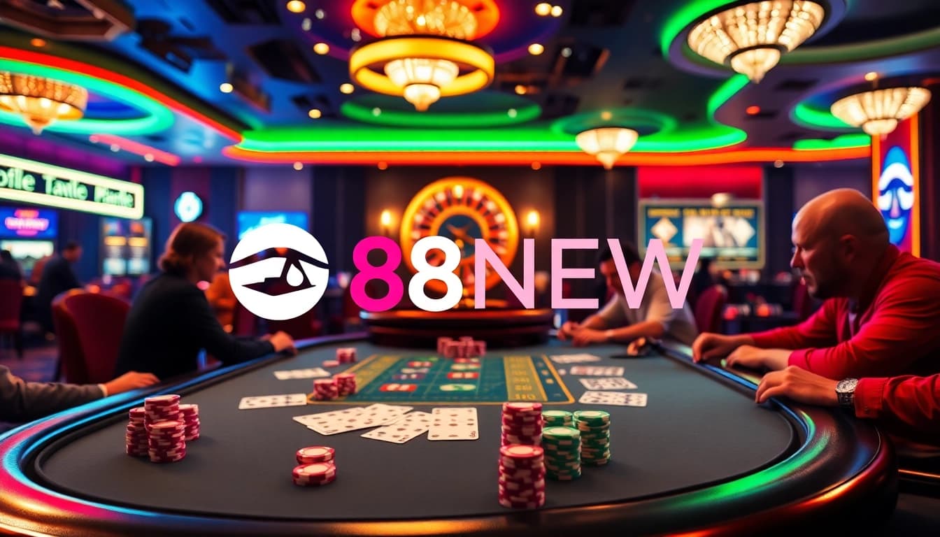 Experience thrilling gameplay at https://88new.autos/ with poker chips and cards on a vibrant casino table.
