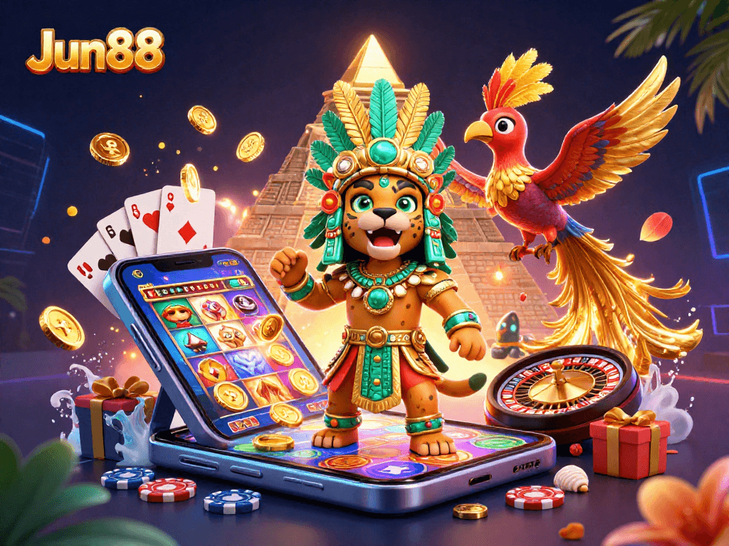 Experience the thrill of Jun88's lively casino with a dynamic 3D scene featuring vibrant games and characters.