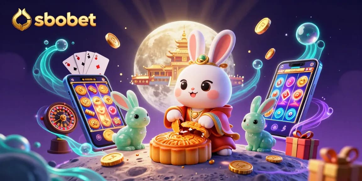 SBOBET features a whimsical moon rabbit scene with gaming elements showcasing fun betting opportunities.