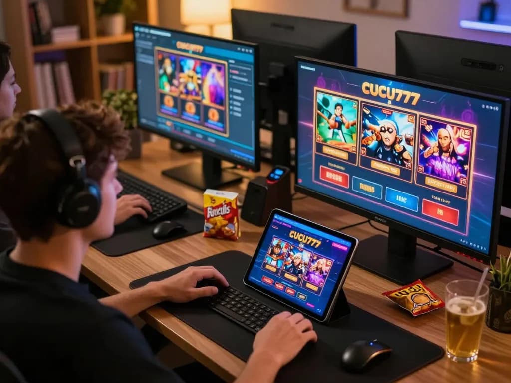 Engaging online gaming experience at CUCU777 with multitasking player on multiple screens.